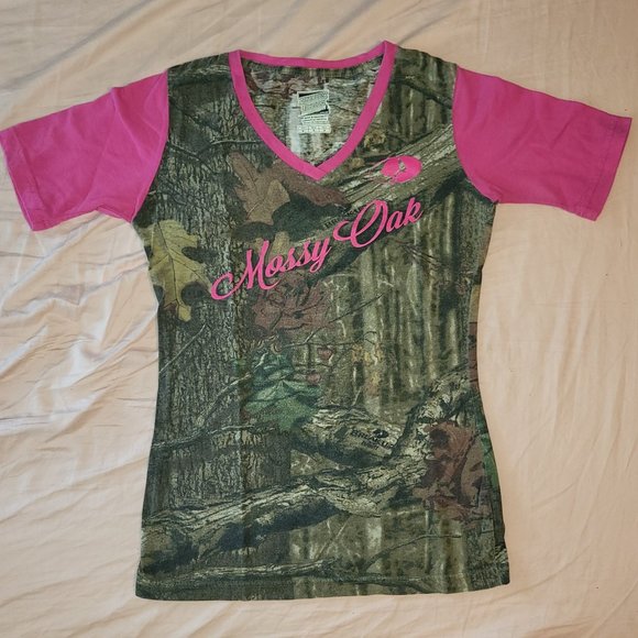 Mossy Oak V-Neck Ringer T-shirt Camo Hot Pink Women's Breakup Infinity Sz Medium - Picture 1 of 4